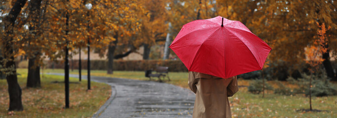 Woman with umbrella in autumn park on rainy day, back view and space for text. Banner design