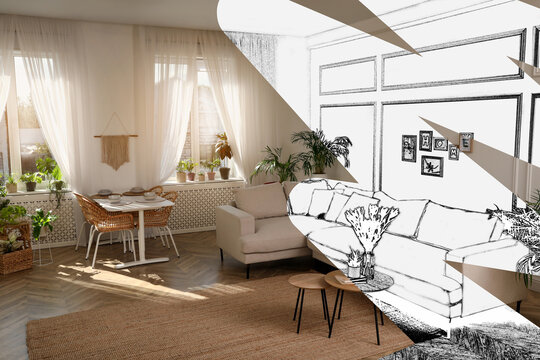 From idea to realization. Beautiful apartment interior with combined dining and living area. Collage of photo and sketch