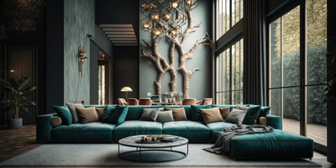 Interior of modern living room 3d rendering, Generative AI
