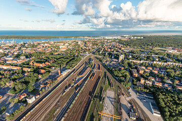 The city of Klaipeda, a logistics hub, in Lithuania, the port of the Baltic Sea, and the railway infrastructure are shown from above