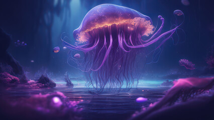 Fototapeta na wymiar A Majestic Purple Jellyfish in the Mysterious Deep Sea. 4K, Illustration. Generative AI.