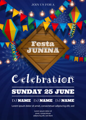 Festa Junina poster with colorful lanterns and pennants. Brazilian june festival background	