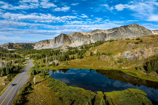Snowy Range Mountain Scenic Highway Summer Drone View