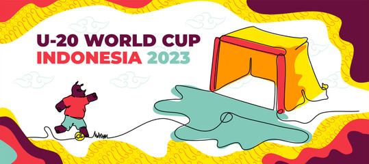 2023 Indonesia U-20 World Cup Web Banner. Vector illustration in modern flat style in continuous line style. With a combination of traditional Indonesian ornaments.