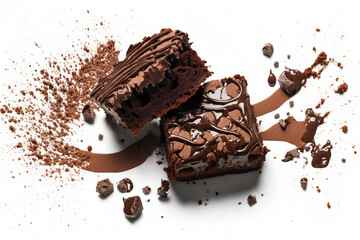Fresh brownie pieces on a white background. tasty chocolate pie. Generative AI - obrazy, fototapety, plakaty