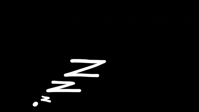 White Flying letters Z on a black screen. Sleeping character effect to add overhead. FH animation of fatigue, sleep, slumber, boredom. Stock 4k video with alpha channel.