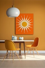 Minimalist mid century orange sun living room, illustration made with Generative AI

