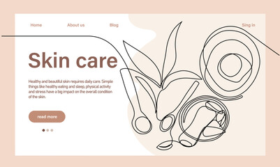 Skin care concept. Landing page template. Morning routine. Bath time. Organic products for scrubbing and body skin care with natural herbal skin care products, top view. Vector illustration