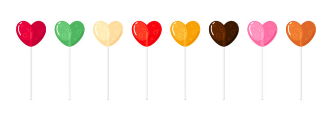 Lollipops in heart shape, candies on sticks with symbol of love. Valentines day sweets, romantic lollies with mint, apple, raspberry, chocolate and honey taste, vector cartoon set