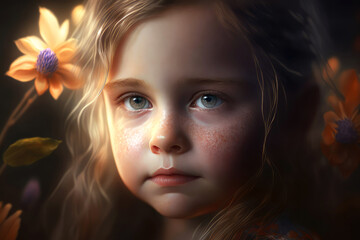 Fototapeta premium Return To Innocence, little girl magical portrait, AI