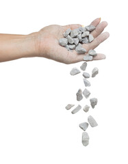 Rock gravel fall down from hand, gray stone pebbles rock explode abstract cloud fly. Construction rock stone splash in air, object design. White background isolated freeze shot, selective focus blur