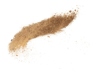 Obraz na płótnie Canvas Big size Sand flying explosion, Golden grain sands wave explode. Abstract cloud fly. Yellow color sand splash throwing in Air. White background Isolated high speed shutter, throwing freeze stop motion