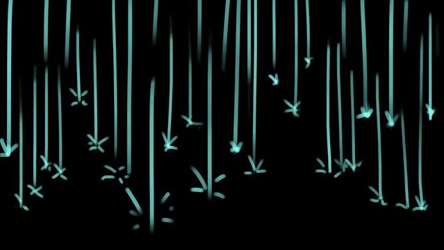 Cartoon blue drops on a black background. Simple doodle rain in 4k with alpha channel.