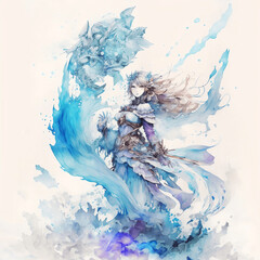 Anime Dama de Gelo, com dragão de gelo e água, tons de azul.