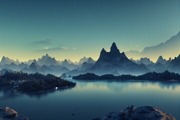 Naklejka na ściany i meble Mountain landscape with lake, jagged peaks and large clouds ,made with Generative AI