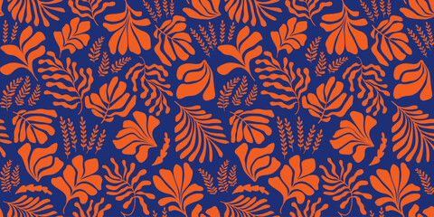 Abstract background with leaves and flowers in Matisse style. Seamless pattern with Scandinavian cut out elements.