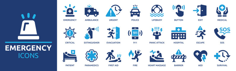 Emergency icon set. Containing ambulance, lifebuoy, first aid, police, medical, emergency exit, hospital and SOS icons. Solid icon collection. - obrazy, fototapety, plakaty