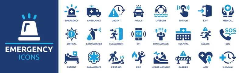 Fotobehang Emergency icon set. Containing ambulance, lifebuoy, first aid, police, medical, emergency exit, hospital and SOS icons. Solid icon collection. © Icons-Studio
