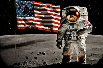Astronaut on the Moon and raised an American flag at the landing site, Illustration Graphic 
Design with Generative AI.