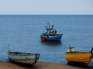 Naklejka premium fishing boats on the beach created with Generative AI technology