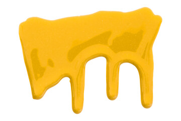 Yellow color with pigment flowing down. Isolated on transparent background.