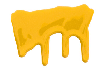 Yellow color with pigment flowing down. Isolated on transparent background.