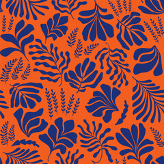 Abstract background with leaves and flowers in Matisse style. Seamless pattern with Scandinavian cut out elements.