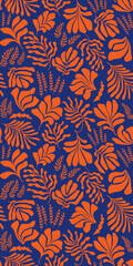 Abstract background with leaves and flowers in Matisse style. Seamless pattern with Scandinavian cut out elements.