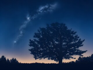 A moonlit night sky with stars and a silhouette of trees created with Generative AI technology 