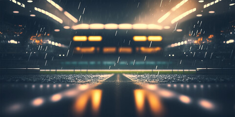 Football stadium on rainy night. Tilt shift defocused photo of soccer stadium background. Generative AI illustration.