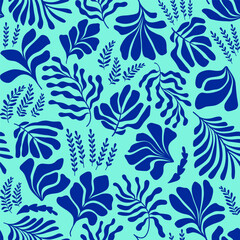 Abstract background with leaves and flowers in Matisse style. Seamless pattern with Scandinavian cut out elements.