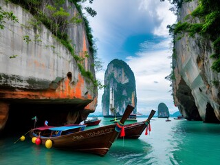 A stunning view of the Bay of Phang Nga with boats and cliffs created with Generative AI technology