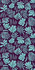 Fototapeta na wymiar Abstract background with leaves and flowers in Matisse style. Seamless pattern with Scandinavian cut out elements.