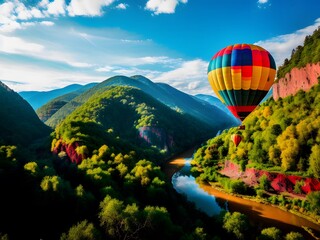 Fototapeta premium hot air balloon in the mountains created with Generative AI technology
