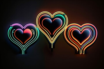 Three neon hearts in a row. Colorful neon sign style hearts. Neon lighting