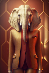 An elephant dressed in a formal yellow business suit standing in front of brown hexagonal background. Generative AI illustration.