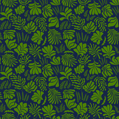 Abstract background with leaves and flowers in Matisse style. Seamless pattern with Scandinavian cut out elements.