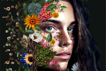 Blooming Beauty: Elegant Portrait of a Woman with a Flowers Wreath,  Fictional person, Generative AI	
