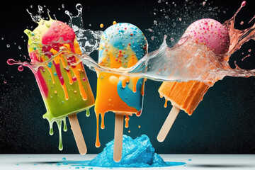 Colorful ice pops, ice cream, popsicles, splashing into summer. Generative AI.