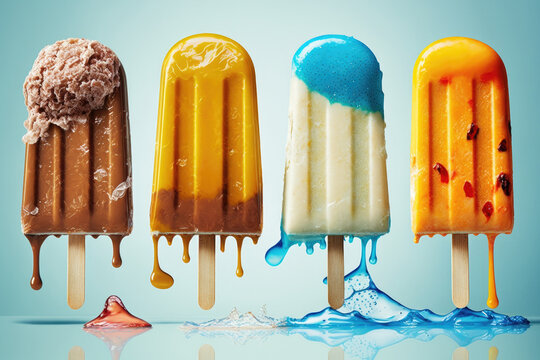 Ice pops, ice cream, popsicles, colorful flavors.