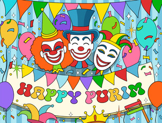 Banner for Jewish holiday Purim with masks and traditional props. Happy Purim wish, congratulations. Vector illustration