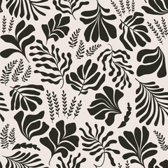 Abstract background with leaves and flowers in Matisse style. Seamless pattern with Scandinavian cut out elements.