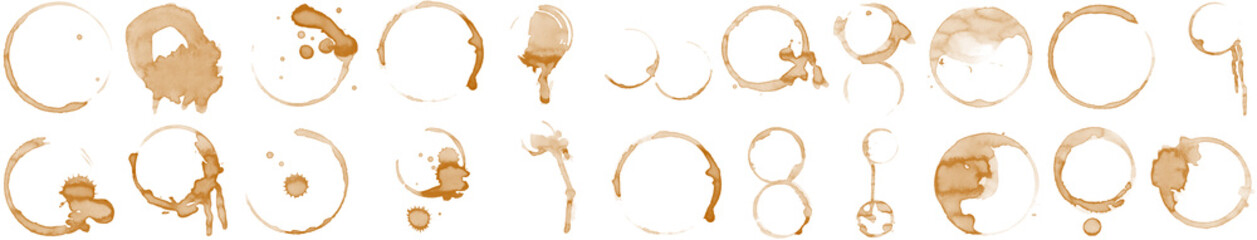 Set of Coffee stains isolated on a transparent background. Royalty high-quality free stock PNG image of Coffee and Tea Stains Cup Bottoms. Round coffee stain isolated, cafe stain fleck drink beverage