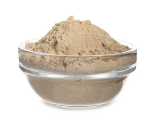 Glass bowl of buckwheat flour isolated on white