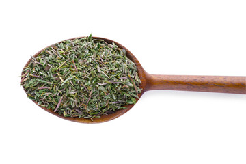Spoon of dried thyme isolated on white, top view