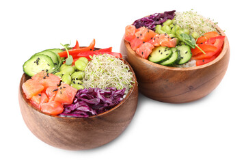 Delicious poke bowls with vegetables, fish and edamame beans on white background