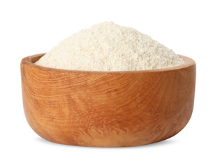 Quinoa flour in wooden bowl isolated on white