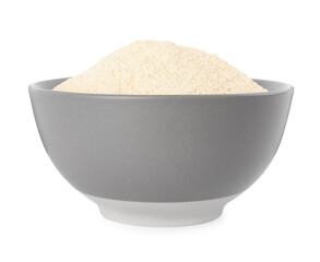 Ceramic bowl with quinoa flour on white background