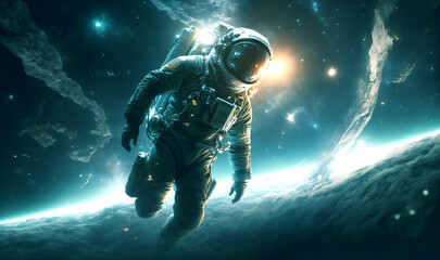 Fototapeta premium An intrepid explorer floating in the vastness of space, equipped with a bulky suit and cut-edge technology