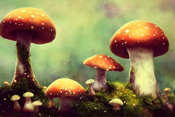 orange and white mushrooms in the forest watercolor illustration generative ai 